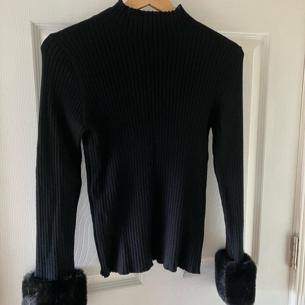 Black Ribbed Sweater with Faux Fur Cuffs